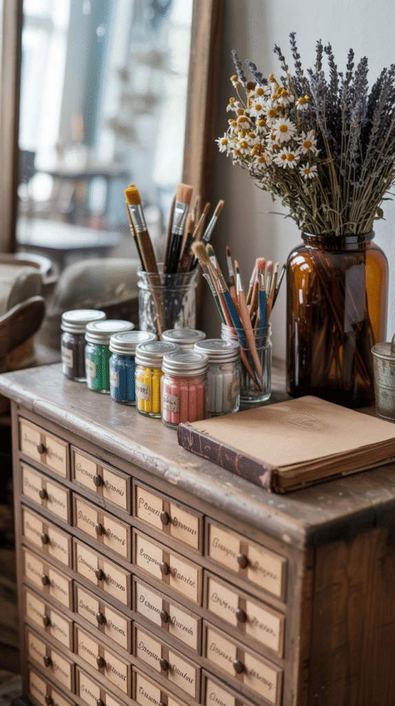 A photograph of a weathered wooden apothecary cabinet, its drawers meticulously labeled with handwritten tags in elegant cursive. The cabinet's surface displays a collection of vintage glass jars filled with colorful paintbrushes and pastel chalks, arranged neatly beside an old sketchbook bound in worn, dark brown leather. A dried bouquet of lavender and chamomile flowers rests in an amber glass vase on the cabinet's top, bathed in soft, diffused natural light streaming from a nearby window. The background is softly blurred, hinting at a cozy, antique-filled studio space.