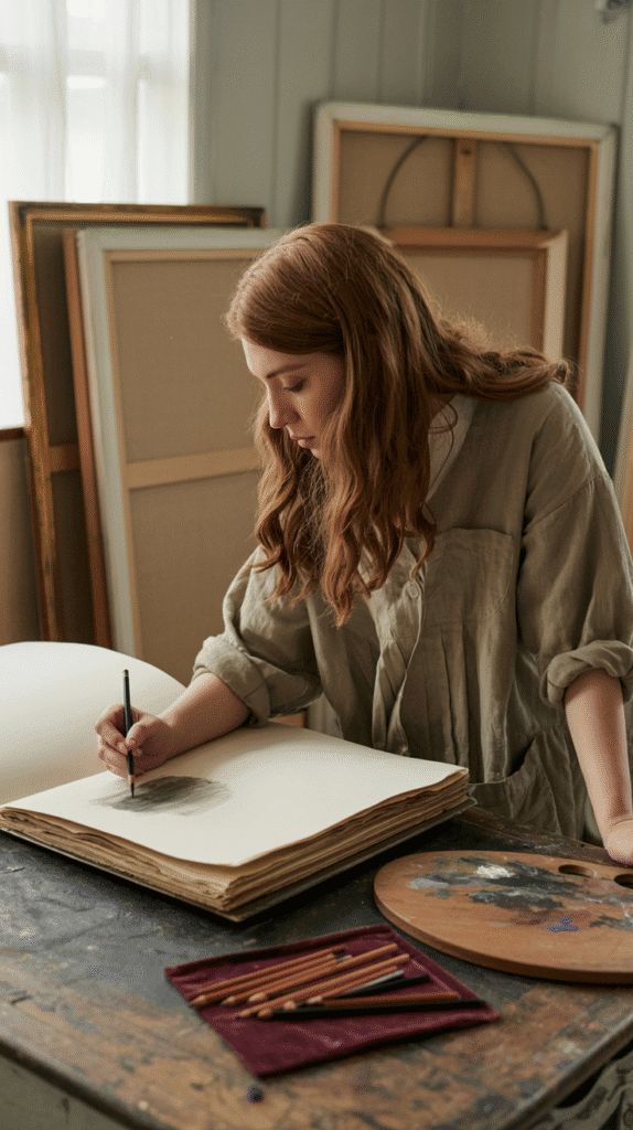 A photograph of a female artist with long, wavy auburn hair, intently sketching in a large, worn sketchbook at a timeworn oak desk. She wears a loose-fitting linen smock, its sleeves rolled up to her elbows, and her brow is furrowed in concentration as she uses a charcoal pencil. Scattered around her are several blank canvas frames, a well-used wooden palette with dried paint streaks, and a handful of sharpened pencils resting on a velvet cloth. Soft, diffused light filters through a nearby window, casting a sepia-toned glow across the room and emphasizing the atmosphere of quiet creativity and nostalgia.