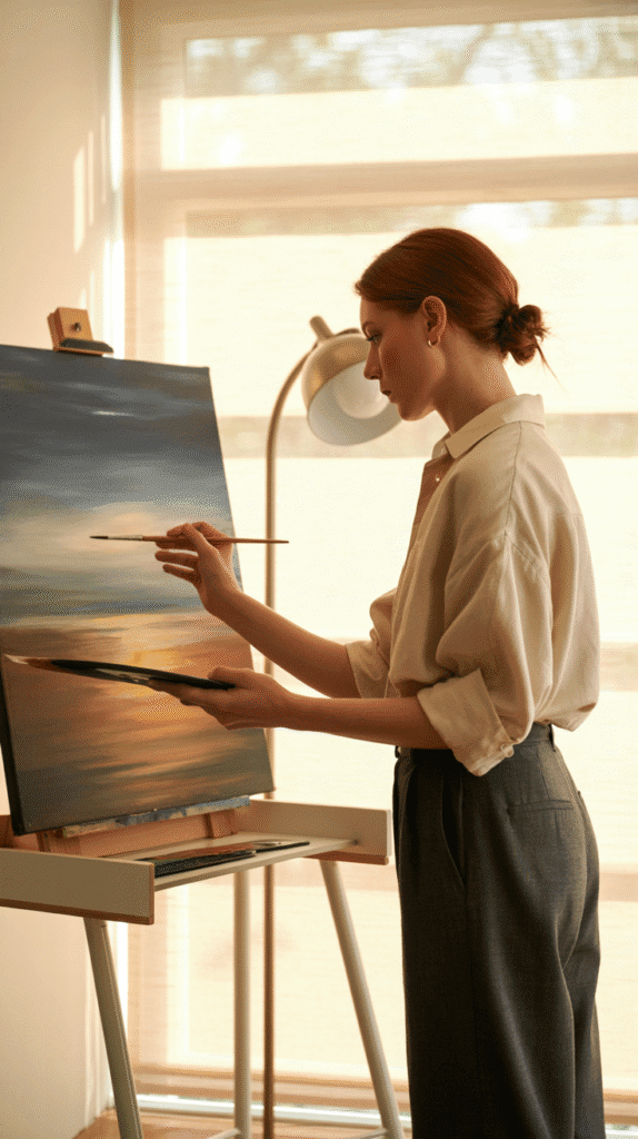 A photograph of a female artist with auburn hair pulled back in a loose bun, wearing a cream-colored linen shirt and charcoal grey trousers, focused intently on a large canvas. She stands at a modern, light-wood standing desk, delicately applying paint with a fine brush to the canvas which displays an abstract landscape featuring "Ethereal Dawn". Behind her, a sleek floor lamp casts a warm glow, while a large window with sheer, ivory blinds softly filters natural light across the room, creating a tranquil and inspiring atmosphere.