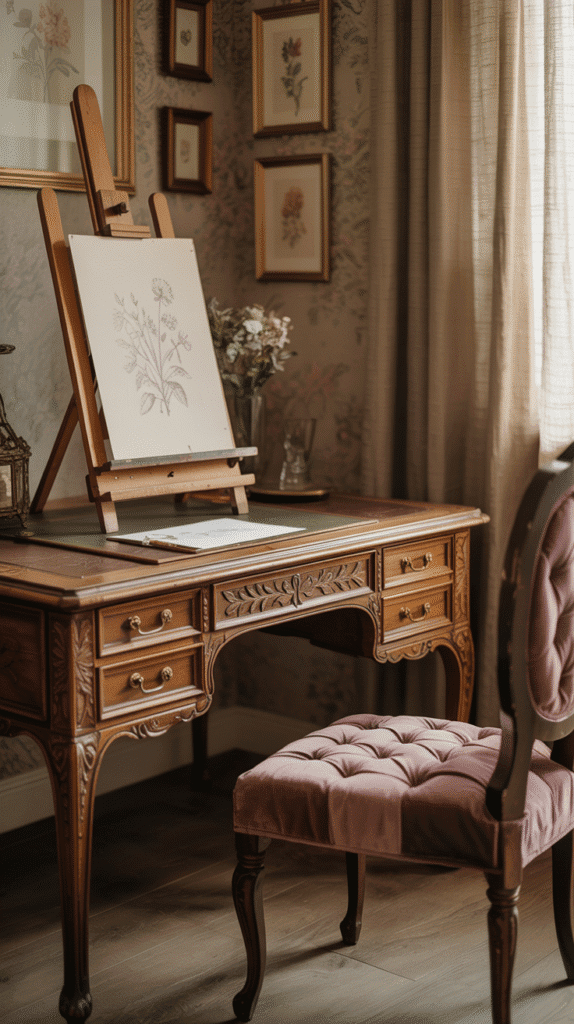 A photograph of an antique carved wood writing desk bathed in warm, inviting light. The desk features ornate detailing, intricate floral carvings, and gleaming brass drawer handles, positioned center frame against a softly textured wall. A vintage wooden easel displaying a delicate floral sketch sits to the left of the desk, while a plush velvet tufted chair in a deep burgundy color rests nearby, completing the cozy art corner. Soft daylight gently filters through linen curtains, illuminating the floral wallpaper and small framed botanical prints adorning the wall, creating a tranquil and inspiring atmosphere.