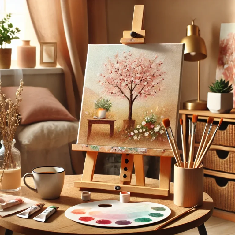 A canvas on an easel in a cozy studio