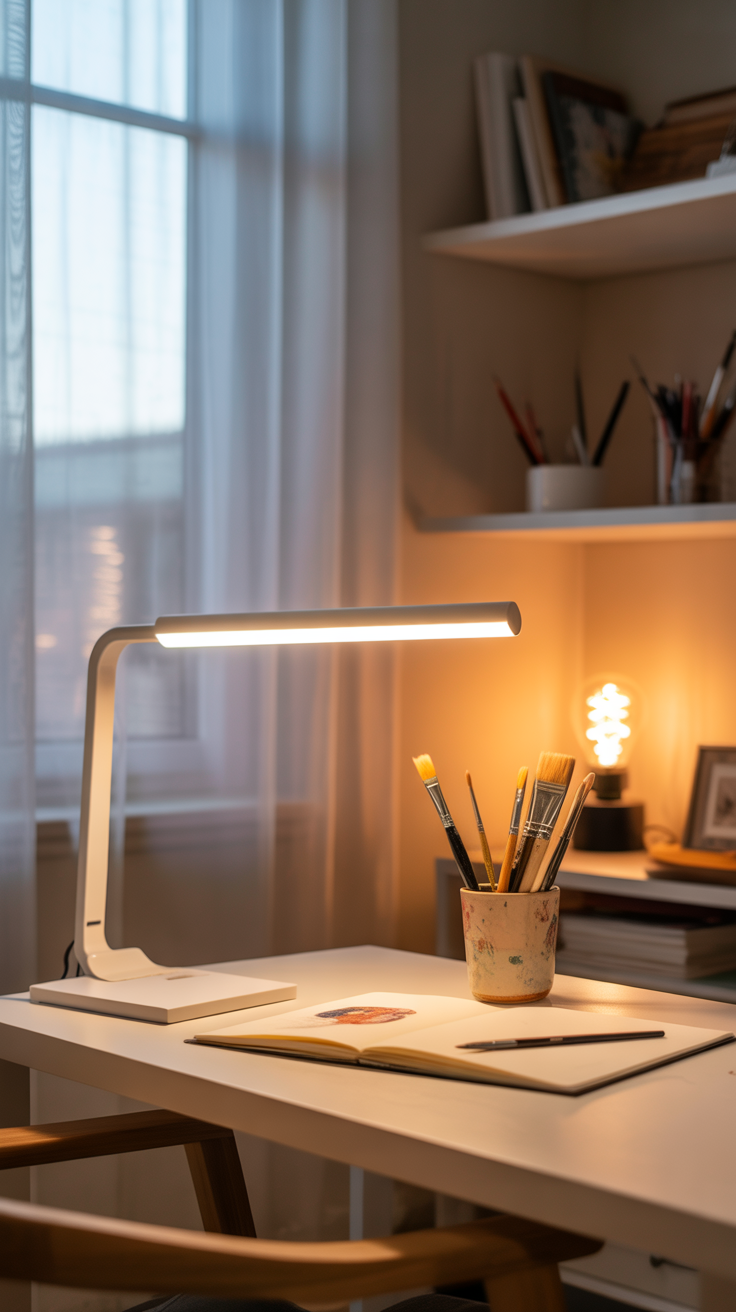 A bright, softly lit art studio corner with a warm, inviting atmosphere. A sleek white desk sits beneath a large window with sheer curtains that diffuse natural daylight across the workspace. On the desk, a slim LED daylight lamp with adjustable brightness casts a clear, even glow over an open sketchbook and a ceramic cup filled with paintbrushes. A small floor lamp with a warm Edison-style bulb adds cozy ambient light in the background. Light wood shelves display neatly arranged art supplies, each illuminated gently by the soft mix of natural and artificial lighting. The overall scene feels warm, balanced, and perfectly designed for creative work.