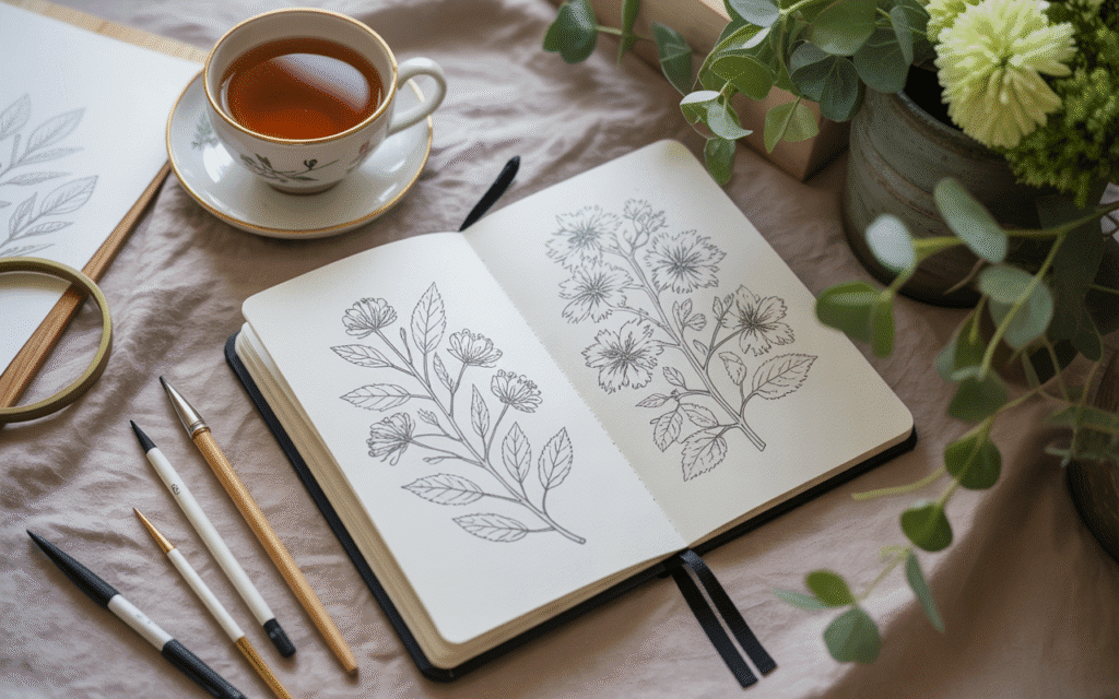 A peaceful overhead shot of a botanical sketchbook resting beside a cup of tea, art supplies, and soft greenery. The sketchbook is open to a completed floral illustration. The setting feels cozy, calming, and aspirational—inviting the viewer to start their own botanical drawing journey.