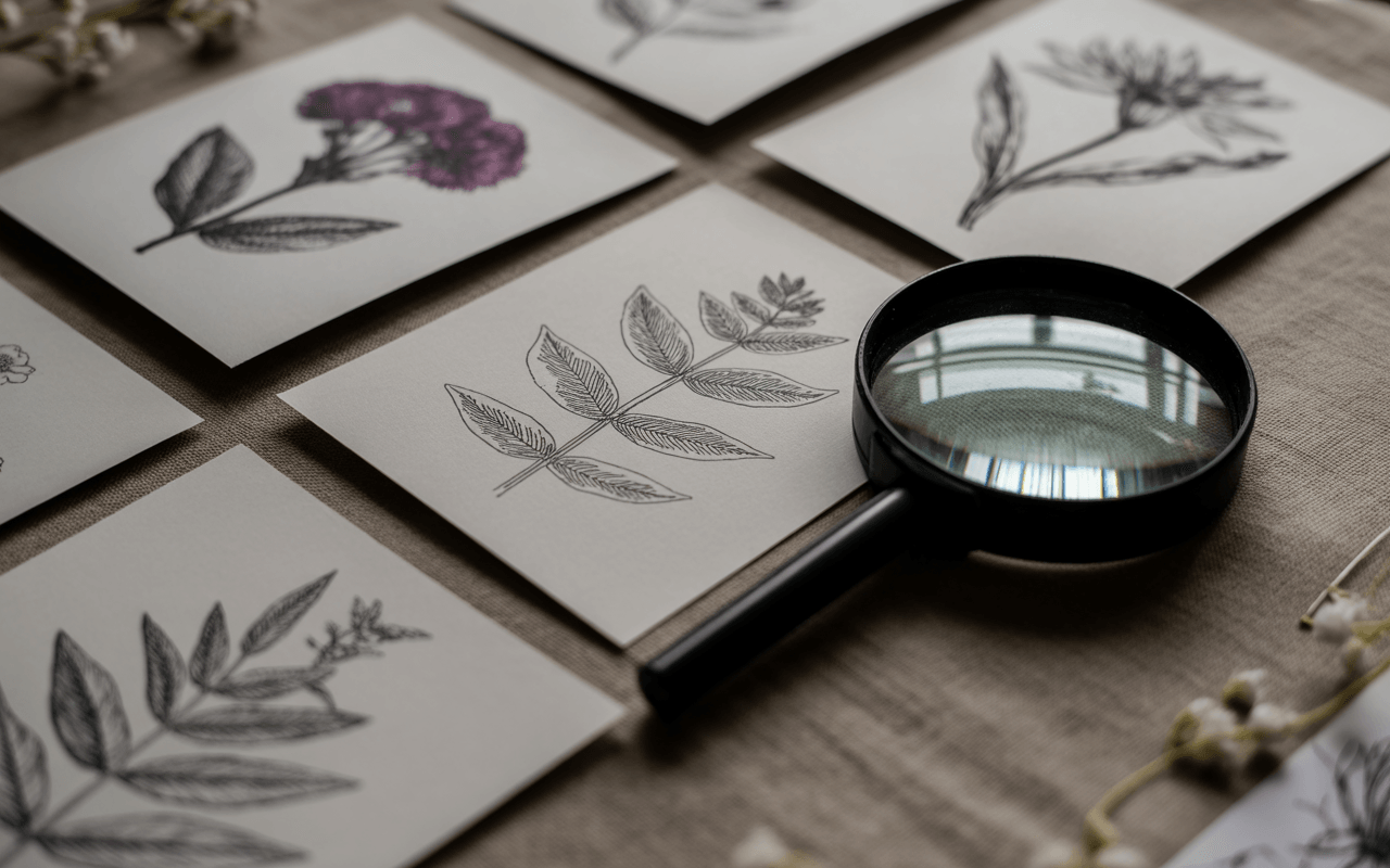 A close-up flat lay of botanical sketches arranged neatly on a neutral linen surface. The illustrations show detailed flowers, leaves, and plant studies with fine linework and subtle shading. A magnifying glass rests beside the drawings, symbolizing observation and detail. Soft shadows and a gentle color palette create a sense of focus and quiet elegance.