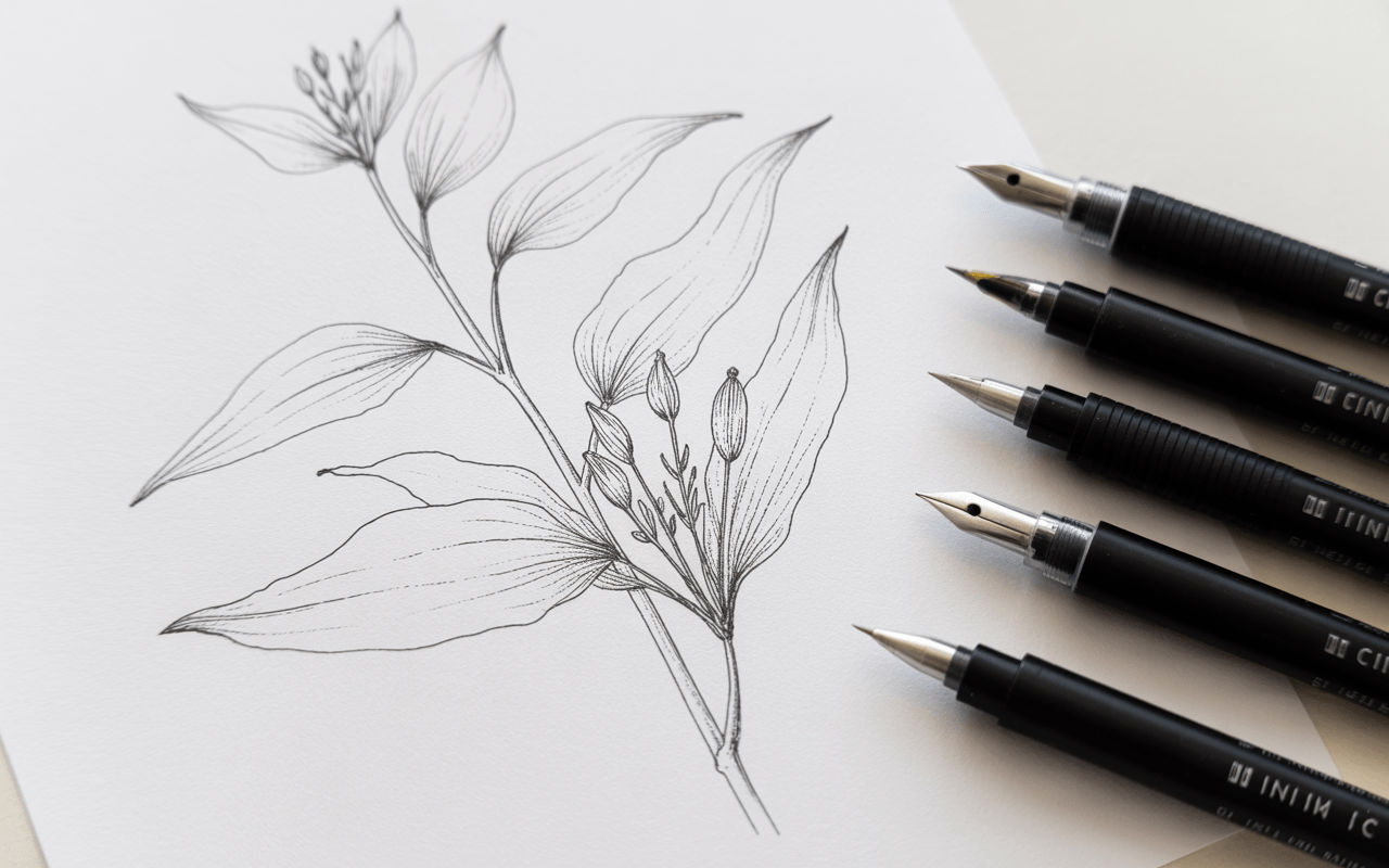A partially inked botanical illustration where clean, elegant ink lines trace over the pencil sketch. Fine-line pens are arranged next to the artwork. The image highlights varied line thickness and crisp detail. The overall look is minimal, refined, and professional.
