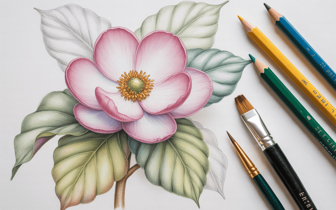 A finished botanical illustration enhanced with gentle shading techniques—light hatching, stippling, and soft watercolor washes. Colored pencils and watercolor brushes rest nearby. The artwork feels dimensional, soft, and lifelike, with a harmonious blend of line and color.