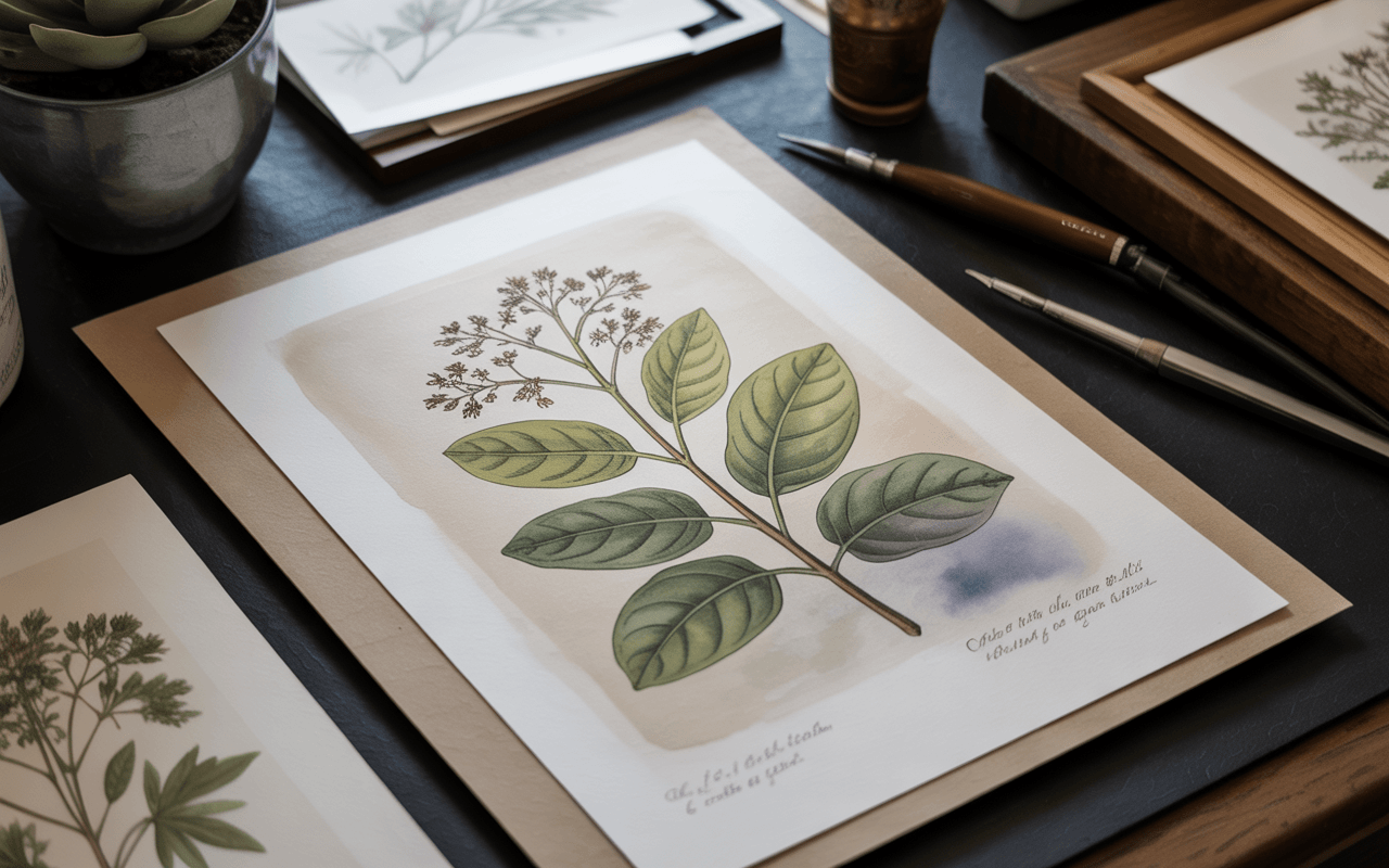 A completed botanical illustration displayed cleanly on the desk, featuring small handwritten labels, subtle annotations, or a soft vintage-style border. A faint watercolor background wash adds depth without overpowering the subject. The image conveys a polished, gallery-worthy result.