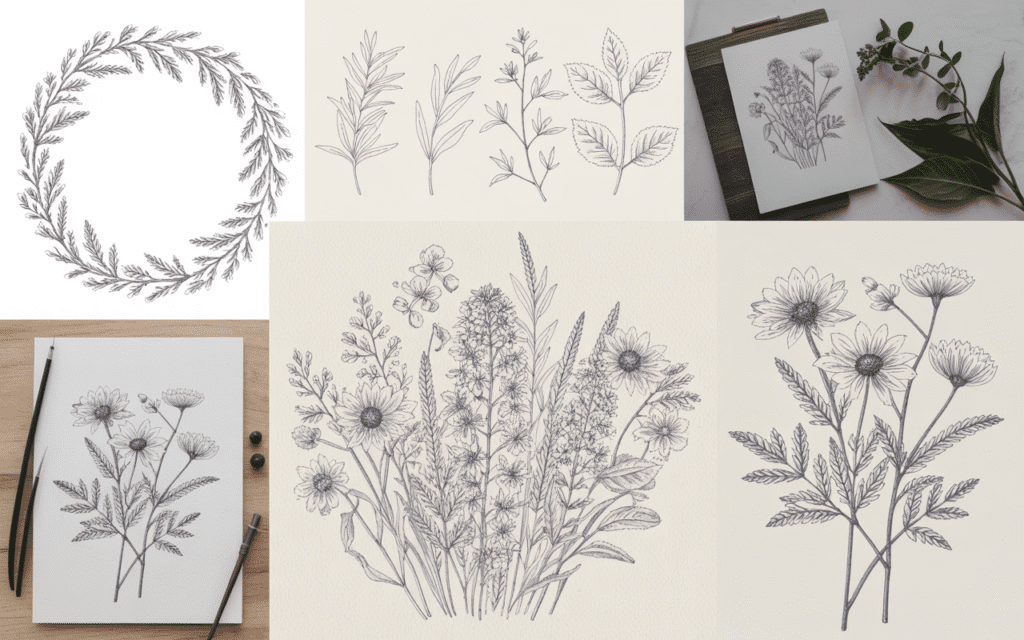 A styled collage-style scene showing multiple botanical illustration concepts:– A circular floral wreath sketch– Individual herb and leaf studies– A loose wildflower bouquet illustration– A monochrome ink botanical drawingThe images are cohesive in tone, arranged neatly, and feel editorial and inspirational.