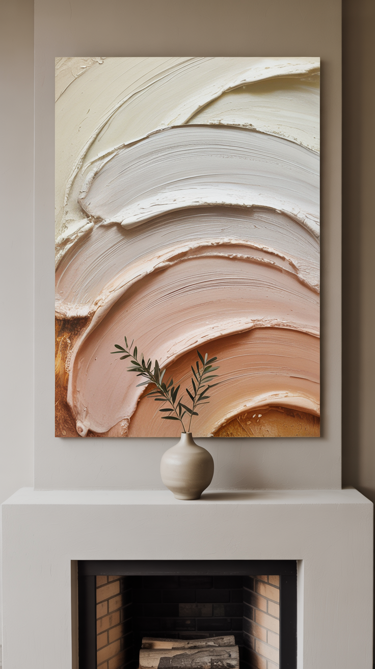 A photograph showcases a striking abstract wall piece prominently displayed above a minimalist fireplace. The artwork features thick, impasto brushstrokes in a palette of ivory, muted blush, and earthy terracotta, creating a richly textured surface that appears to ripple and flow. The painting is centered against a backdrop of a neutral-toned living room wall, with soft natural light highlighting the three-dimensional quality of the paint application. A single, elegant ceramic vase with a sprig of olive branches rests on the mantel below, subtly complementing the warm tones of the artwork.
