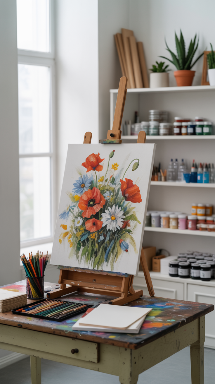 A photograph of a half-finished floral painting on an easel positioned near a tall window in a bright, airy art studio. The canvas displays vibrant poppies and daisies in loose, impressionistic brushstrokes, catching the soft morning light streaming in from the window. Below the easel sits a worn oak worktable with neatly arranged jars of colored pencils and stacks of blank sketchbooks. The studio walls are painted a crisp white and are lined with open shelving displaying various paint jars, potted succulents, and rolled-up canvases, creating a sense of organized creative energy.