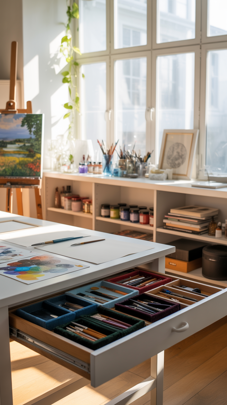 A photograph of a bright, airy art studio bathed in soft morning light. A large white worktable dominates the foreground, its wide drawer partially open, revealing a meticulously organized collection of artist's tools—brushes and pens nestled in plush velvet trays of deep indigo and forest green. Behind the table, an easel supports a canvas depicting a vibrant landscape, while open shelves overflow with colorful paint jars, neatly stacked sketchbooks, and a trailing pothos vine reaching for the sunlight streaming through tall white-framed windows. Warm oak floors ground the scene, and gentle shadows play across the room, creating a sense of peaceful creative focus.