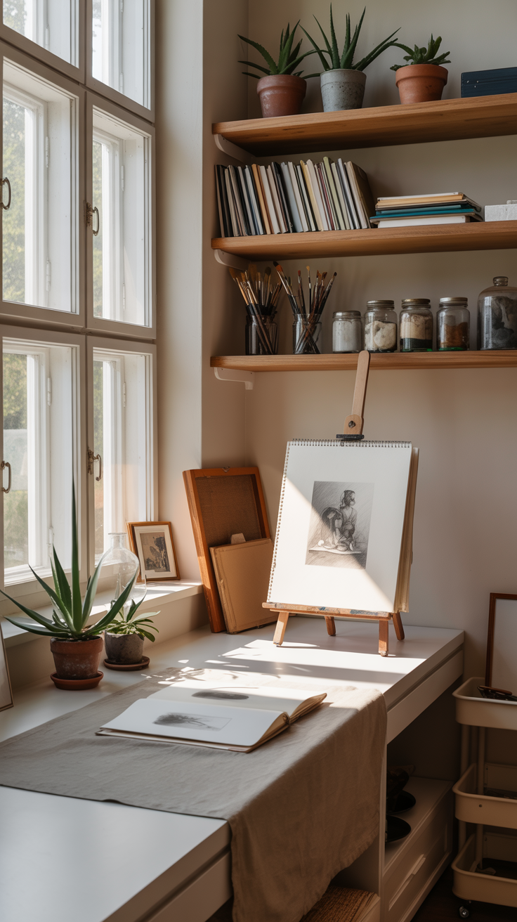 A photograph of a quiet, elegant art studio corner bathed in soft morning light. A long white worktable takes center stage, adorned with a neatly folded linen cloth and a single, open sketchbook displaying a charcoal drawing of "still life." Above, floating oak shelves display a collection of art supplies – neatly stacked sketchbooks, glass jars filled with paintbrushes, and several thriving succulents in terracotta pots. Tall windows to the left flood the space with natural light, while a soft, neutral-toned rug anchors the scene, with the corner of a wooden easel and rolling cart providing subtle depth.