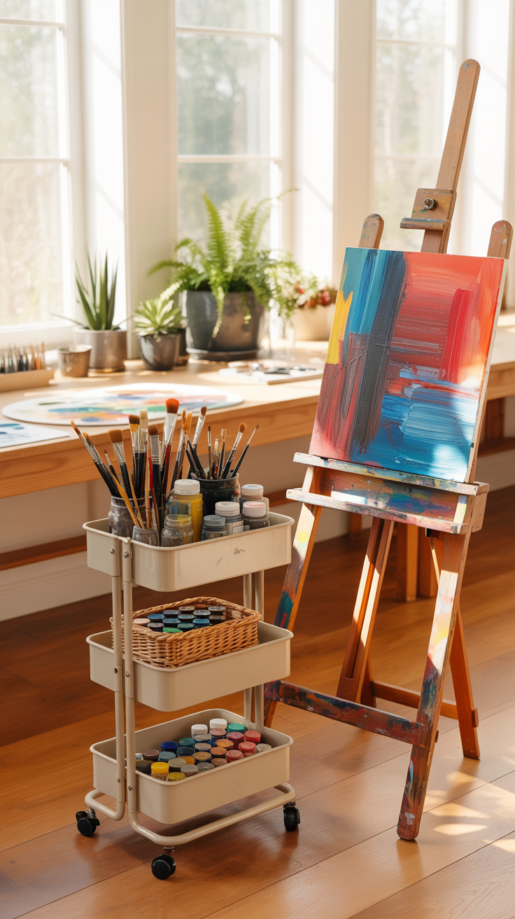 A photograph of a bright and airy art studio bathed in warm sunlight. In the center stands a three-tier ivory rolling cart, holding an assortment of artist's tools; rows of paintbrushes sit upright in glass jars alongside small, tightly woven baskets filled with vibrant paint tubes. Beside the cart, a weathered wooden easel displays a half-finished abstract painting with bold strokes of crimson and cerulean blue, set against a textured canvas. Sunlight streams through tall white-trimmed windows illuminating the warm oak floors and the neatly arranged supplies on the expansive worktable along one wall, where several potted ferns and succulents add a touch of life to the creative space.
