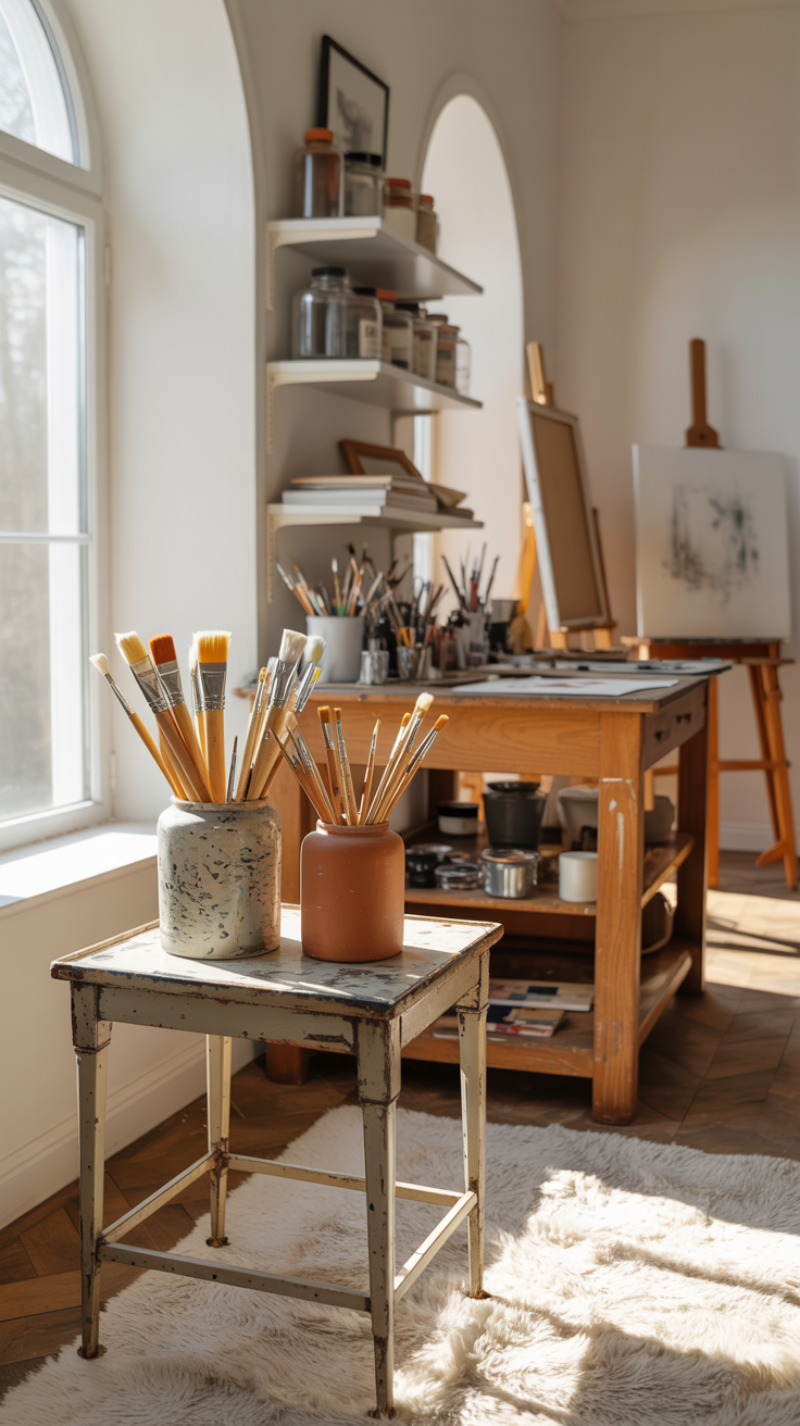 A photograph of a bright corner bathed in sunlight near a large, arched window. A narrow, antique side table holds two contrasting ceramic vases—one a speckled gray, the other a warm terracotta—filled with an array of clean paintbrushes, their bristles pointing upwards, catching the light and glowing a soft golden hue. Behind the table, a spacious artist's studio extends, revealing a large oak worktable cluttered with paints and tools, floating shelves lined with glass jars and open sketchbooks, and a weathered easel holding a canvas in the far corner. A plush, cream-colored rug anchors the space, adding a layer of warmth and texture to the inviting, sun-drenched scene.