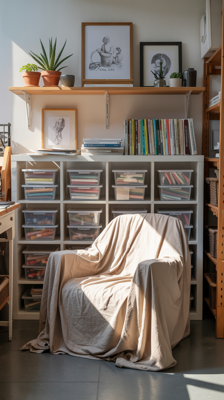 A photograph of a cozy reading nook nestled against a studio wall, centered around a plush, worn armchair. The armchair is draped with a soft, cream-colored throw blanket and positioned to face a low, white shelving unit filled with clear bins showcasing colorful art supplies like ribbons and rolled paper. Above the shelving unit, floating wooden shelves display potted succulents, framed sketches of "still life" and neatly stacked art books, all bathed in the warm glow of natural light streaming in from an unseen window. The overall scene evokes a feeling of creative inspiration and quiet retreat within the bustling studio space.