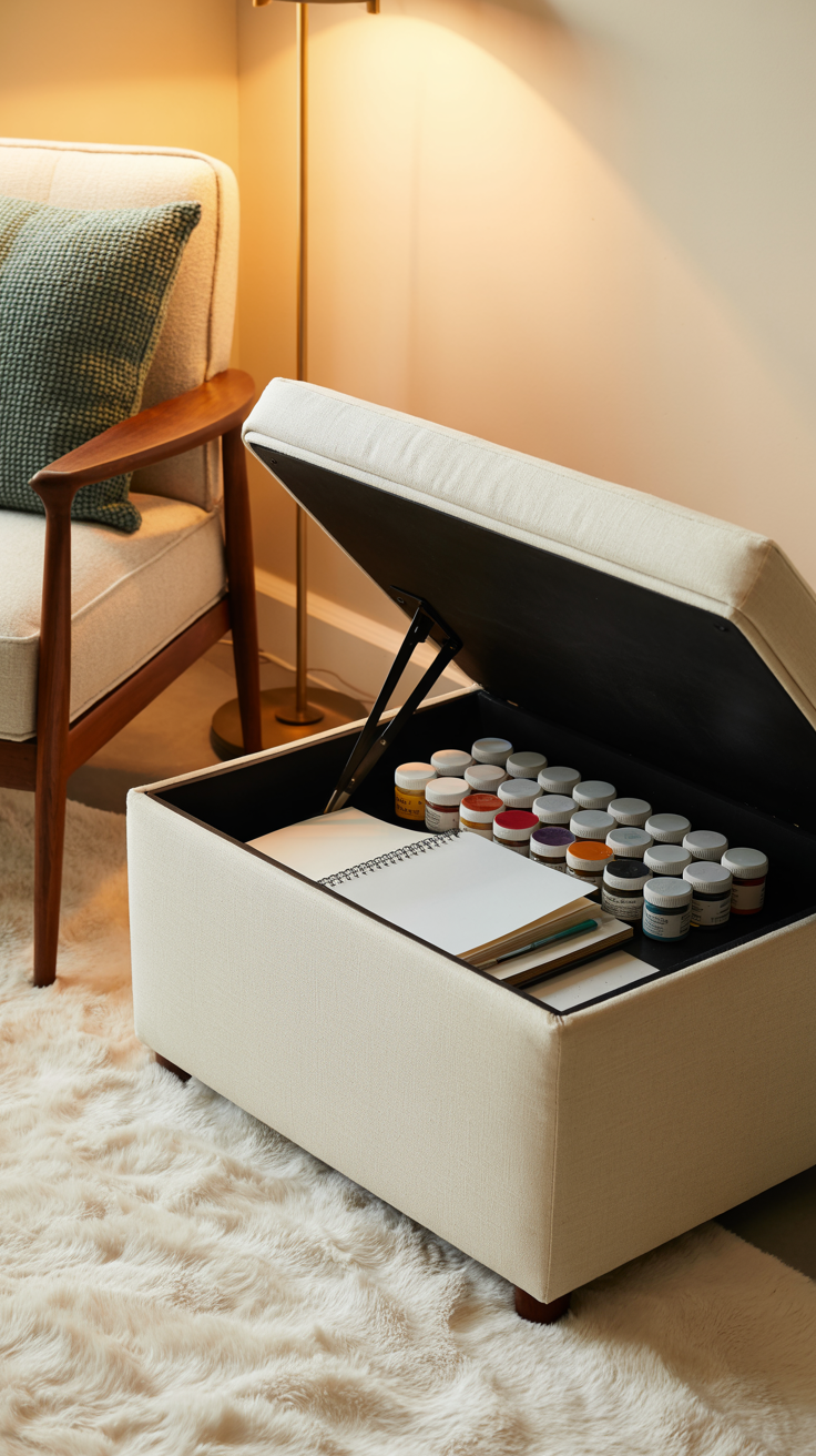 A photograph of a modern storage ottoman upholstered in cream-colored linen, its lid slightly raised. Inside the ottoman, an assortment of paint jars in various colors and several open sketchbooks are neatly arranged. The ottoman sits beside a classic mid-century modern armchair with walnut legs and a textured teal cushion, positioned in a cozy corner illuminated by the soft, warm glow of a brass floor lamp. A plush, ivory-colored rug anchors the scene, creating a serene and inviting atmosphere.