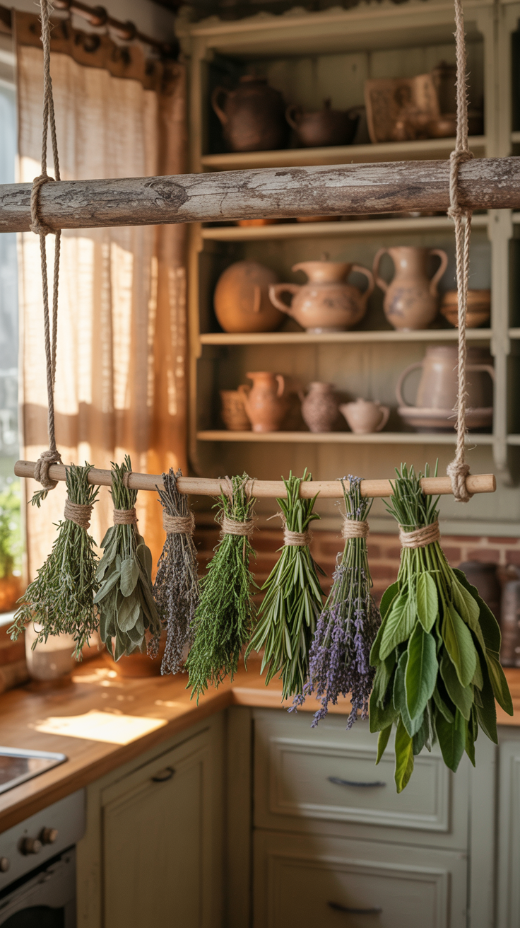 A photograph of a rustic kitchen interior bathed in the warm glow of late afternoon sunlight. Hanging from thick, weathered ropes are two horizontal wooden bars laden with bundles of dried herbs—sage, rosemary, lavender, and vibrant green leaves—tied neatly with twine. In the background, aged wooden shelving displays a collection of earthenware pottery and delicate tea sets in muted earth tones, while a beige linen curtain drapes gracefully on the left. The scene exudes a cozy, vintage atmosphere with soft shadows cast by the herbs, highlighting the texture of the wooden surfaces and creating a sense of timeless charm.