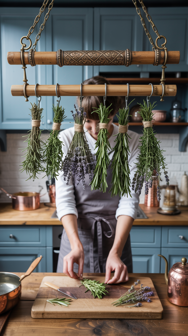 A photograph capturing a close-up view of a rustic kitchen scene centered on a decorative wooden herb rack. The rack showcases two horizontal wooden poles adorned with ornate brass rings and decorative metal bands, suspending multiple bunches of dried rosemary and lavender tied with natural twine from delicate brass chains. In the foreground, a weathered wooden cutting board displays a scattering of fresh and dried herbs, partially obscured by the lower half of a person wearing a gray apron, gently arranging the herbs. Soft, warm natural light illuminates the scene, highlighting the blue-gray kitchen cabinets, copper cooking utensils, ceramic dishes, and a copper teapot resting on the wooden counter, creating a cozy and inviting atmosphere.