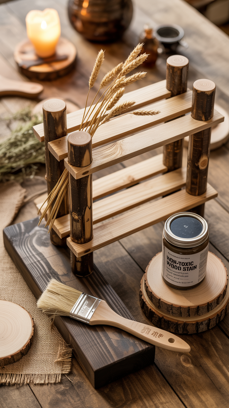 A photograph capturing a rustic DIY woodworking scene on a weathered wooden table, with a handcrafted wooden shelf rack as the central focus. The rack, constructed from natural logs and light-colored slats, displays dried golden wheat stalks artfully arranged, while a wooden paintbrush with natural bristles rests casually on a nearby dark-stained plank. A glass jar labeled "NON-TOXIC WOOD STAIN" sits alongside a small wooden bowl, complemented by scattered burlap fabric, wooden discs, and dried herbs, all bathed in the warm glow of a flickering candle in the background. The scene utilizes a warm, earthy color palette dominated by browns and tans, highlighting the distinct grain patterns and textures of the aged wooden planks.