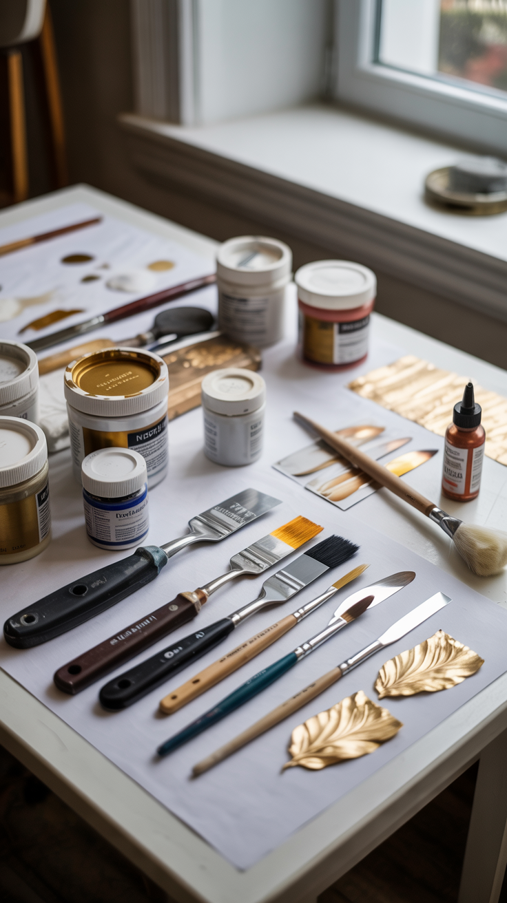 A photograph of a pristine white art studio table overflowing with textural painting supplies. A collection of palette knives of varying shapes and sizes rests on the table alongside open tubs of molding paste and a selection of earthy-toned acrylic paints including gold and metallic accents. Scattered among the supplies are delicate gold leaf sheets and sgraffito tools arranged beside a small bottle of adhesive and a soft bristle brush. Soft natural light streams in from a nearby window, illuminating the scene and highlighting the rich textures and inviting atmosphere.