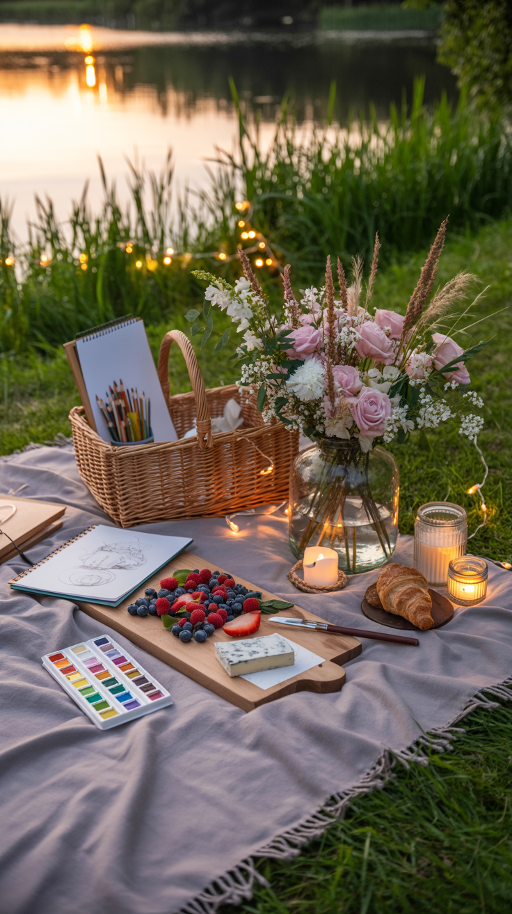 A photograph of a romantic picnic setup bathed in the warm glow of a setting sun beside a serene lake. A large gray blanket with fringed edges is spread across lush green grass, showcasing a wooden cutting board laden with vibrant fresh berries and artisan cheeses and a watercolor palette with bright colors and drawing tablets. A rustic wicker basket sits nearby, overflowing with sketchbooks and art supplies, while a large glass vase holds a romantic bouquet of pink roses, white flowers, and tall dried wheat stalks, alongside a single croissant and scattered glass jars with flickering candles. Soft string lights are draped overhead, casting a warm ambient glow on the scene as the sun dips below the trees, reflected in the tranquil lake with reeds along the shore, creating a magical golden hour atmosphere.