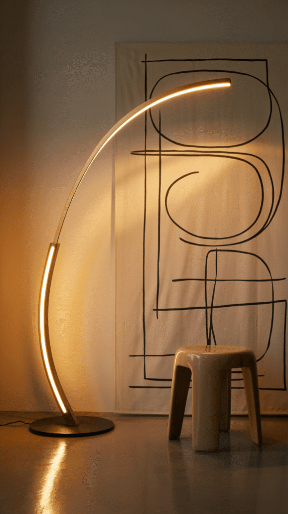 A photograph of a sculptural floor lamp with a sleek gold arc base and integrated LED strip bulbs illuminating a modern interior space. The lamp’s curved arm gracefully extends over a large canvas displaying minimalist black-and-white line art featuring "Abstract Geometry". Beside the canvas, a smooth concrete floor reflects the soft glow from the bulbs, while a high-gloss resin stool sits casually in the foreground. The scene is bathed in warm, diffused light, creating a sense of calm and sophisticated design.