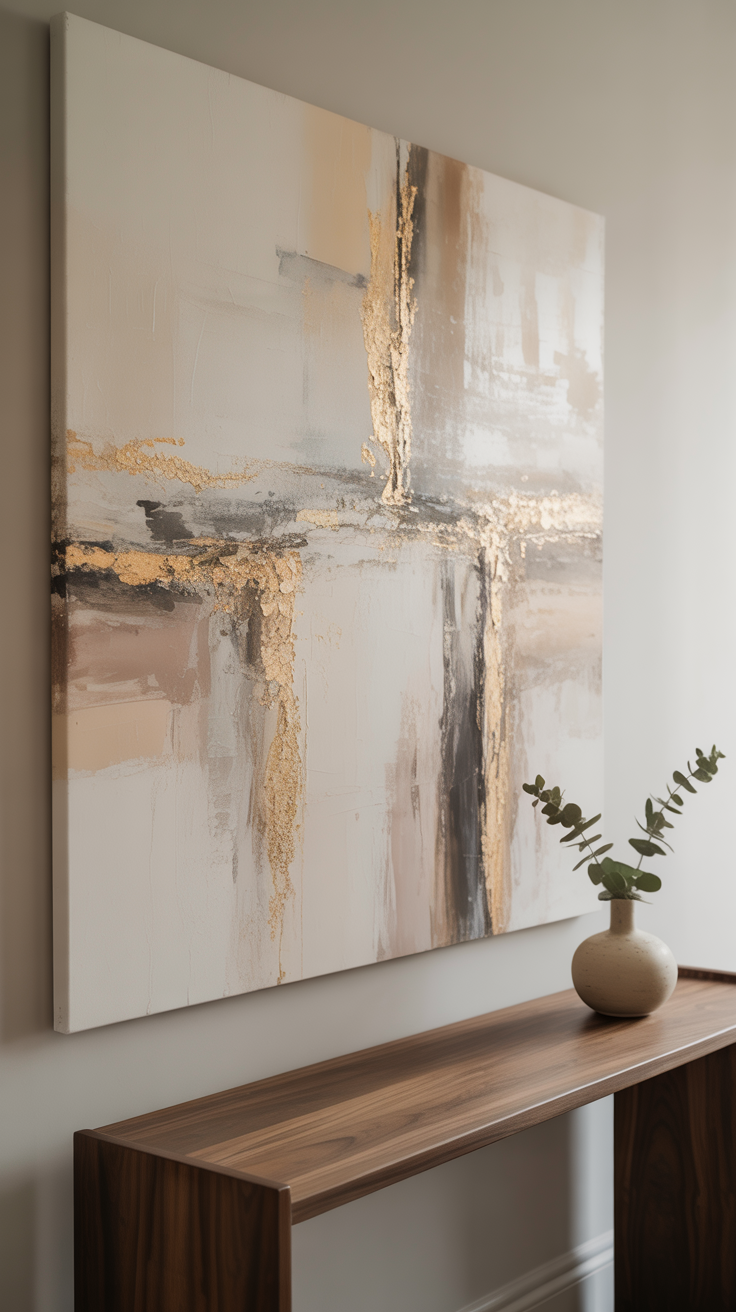 A photograph showcasing a large abstract painting hanging above a sleek, modern console table. The painting features soft ivory, taupe, and muted blush brushstrokes accented with intricate hand-applied gold leaf, creating a subtle shimmer across the canvas. Below the painting, a minimalist console table made of dark walnut wood holds a single, elegant ceramic vase with a sprig of eucalyptus. Soft, diffused afternoon light streams in from a nearby window, highlighting the textures and metallic accents of the artwork and casting a warm glow on the scene.