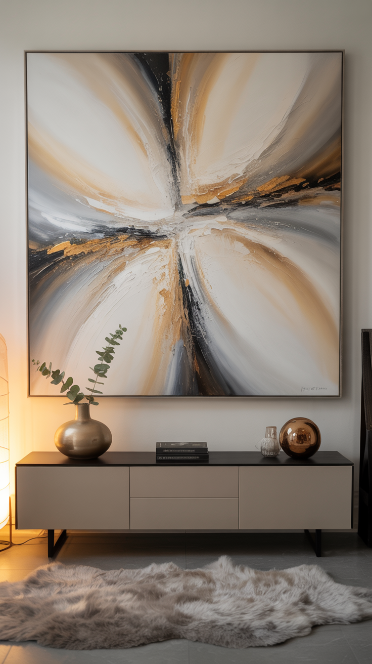 A photograph of a modern living room showcasing a large abstract painting hung above a sleek console table. The painting, executed entirely with palette knife techniques, features thick, layered strokes of creamy white, soft taupe, and warm gold that create a dynamic interplay of light and shadow. Below the painting, the console table holds a single ceramic vase with a few sprigs of eucalyptus, illuminated by a soft glow from a nearby floor lamp casting a warm ambiance. The room is minimally decorated, with a plush grey rug anchoring the space and highlighting the texture of the artwork.