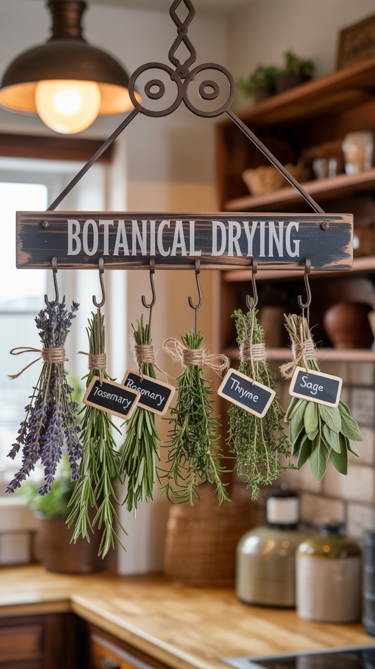 A photograph of a rustic wooden drying rack displaying an assortment of dried herbs within a cozy kitchen setting. The rack, suspended from a dark wooden beam adorned with ornate metal scrollwork, features the text "BOTANICAL DRYING" prominently displayed. Bunches of lavender, rosemary, thyme, and sage hang from metal hooks, each secured with natural twine and burlap, and labelled with small chalkboard tags displaying their names like "Rosemary" and "Sage". Soft, warm light from a vintage dome lamp illuminates the scene, highlighting the textures of the dried herbs and partially revealing wooden shelving and ceramic containers in the background, contributing to a comforting farmhouse aesthetic.