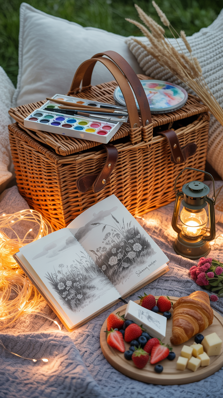 A photograph of a rustic wicker picnic basket overflowing with art supplies on a cozy gray knit blanket. The basket, adorned with worn brown leather straps, spills out watercolor paints in various hues, soft brushes, and an open sketchbook revealing a delicate black and white pencil sketch of "Summer Meadow". Warm golden light filters through nearby string lights, illuminating a wooden board laden with fresh strawberries and blueberries, a flaky croissant, and cubes of artisanal cheese, while a small glass lantern casts a soft glow. Cream-colored pillows are subtly visible in the background, and dried flowers and wheat stalks add a touch of natural elegance to the romantic outdoor picnic scene.
