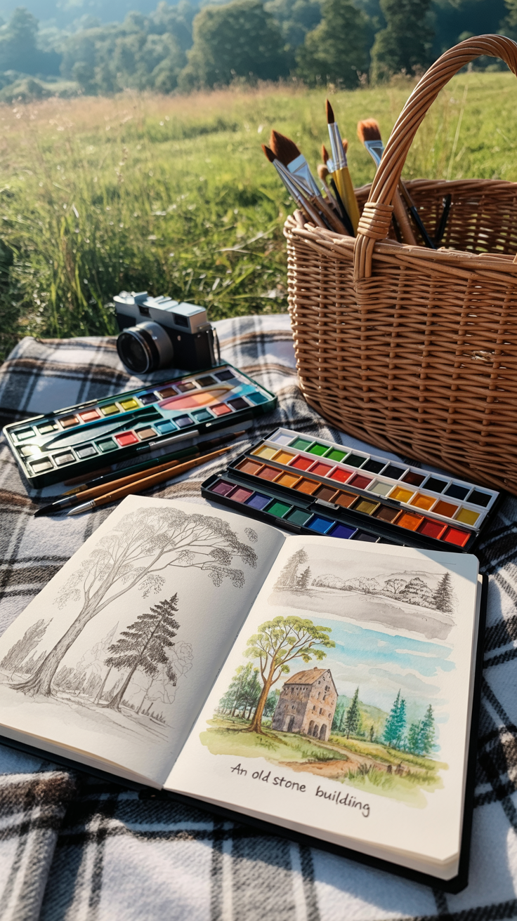 A photograph of an open sketchbook displaying detailed pencil drawings of trees and landscapes, arranged on a gray and white plaid blanket outdoors. Resting in the center of the blanket, the sketchbook reveals intricate pencil sketches alongside vibrant watercolor illustrations, including a detailed watercolor painting of "an old stone building". Surrounding the sketchbook are several watercolor palettes brimming with rich hues of reds, blues, greens, and earth tones, alongside a black vintage-style camera and a large wicker art supply basket filled with brushes and drawing tools. The background showcases a sun-drenched meadow with tall grass and distant trees, bathed in a warm, golden light.
