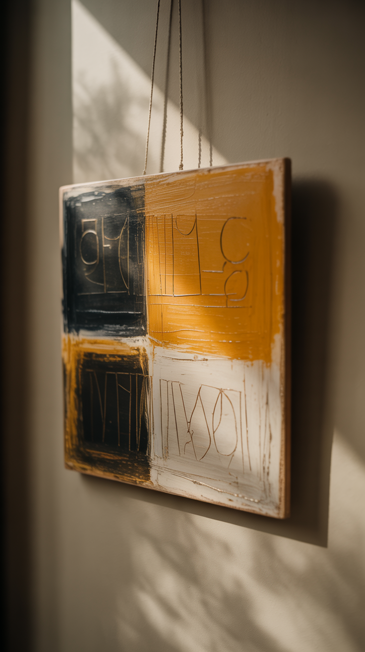 A photograph of a close-up of a square sgraffito artwork hanging on a neutral-toned wall. The artwork features bold blocks of deep charcoal, warm ochre, and soft cream, with delicate, hand-etched symbols and subtle textural variations visible where the top layer has been scratched away. A single shaft of light illuminates the artwork, accentuating the depth of the carved lines and the contrast between the exposed layers. The background is softly blurred, focusing the viewer's attention on the intricate details of the piece and the subtle shadow cast by its frame.