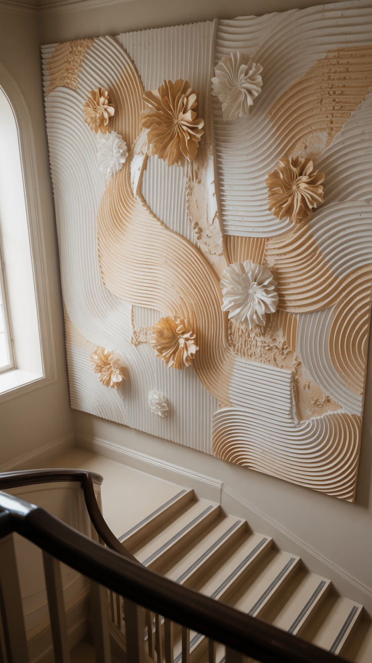 A photograph of a textured wall sculpture hanging above a grand staircase landing. The artwork is a complex arrangement of sweeping ridges, delicate peaks, and carved floral impressions, all rendered in soft neutral tones of creamy white, sandy beige, and subtle metallic gold. Light from a nearby arched window highlights the sculpture's 3D texture and casts soft shadows across its surface. The staircase below is elegantly curved and features a dark wood railing, contributing to the sophisticated atmosphere of the space.