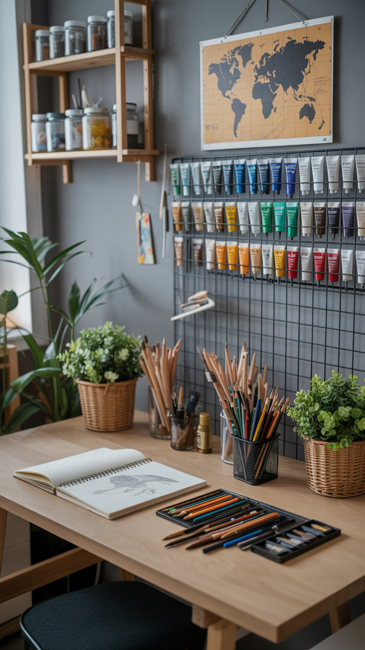A photograph of a meticulously organized art studio workspace bathed in soft, natural light. A light wooden desk sits center frame with an open sketchbook and a collection of well-used pencils and charcoal sticks scattered artfully around. Above the desk, a wire grid wall-mounted storage system displays a vibrant arrangement of paint tubes in neat rows, while a world map artwork in muted blues and browns hangs on the gray wall behind, partially obscured by the shelving units containing glass jars and paint tubes. Several small potted plants with lush green foliage, nestled in woven baskets, add touches of life and color throughout the studio.