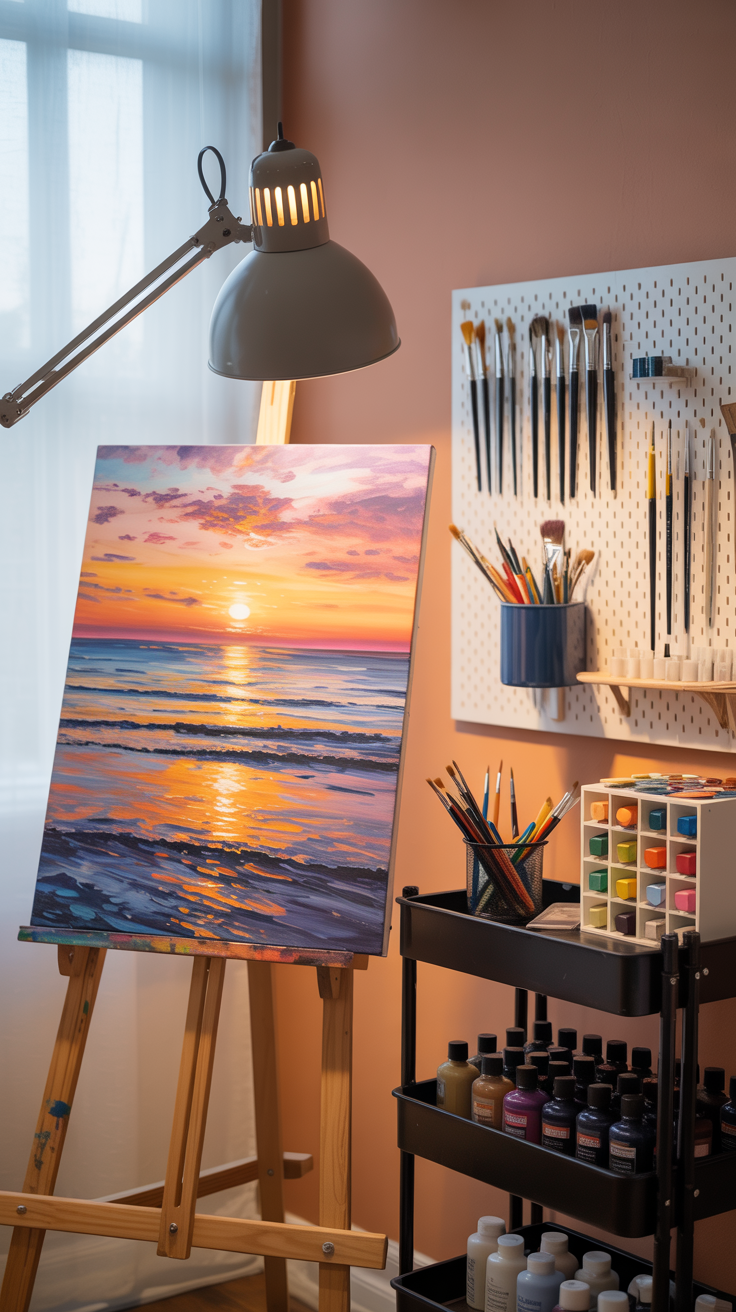A photograph showcasing a well-lit art studio workspace with a focus on a large wooden easel displaying a coastal sunset painting. The painting depicts vibrant oranges, pinks, and purples reflecting on calm ocean water, positioned centrally on the easel and illuminated by a large, adjustable gray desk lamp. Surrounding the easel, a meticulously organized pegboard displays a variety of paintbrushes and markers, while a black rolling cart holds neatly arranged paint bottles and a white cube organizer stores colorful markers. Soft, diffused natural light streams in from a window to the left, highlighting the warm peachy-pink wall and the overall sense of creative order.