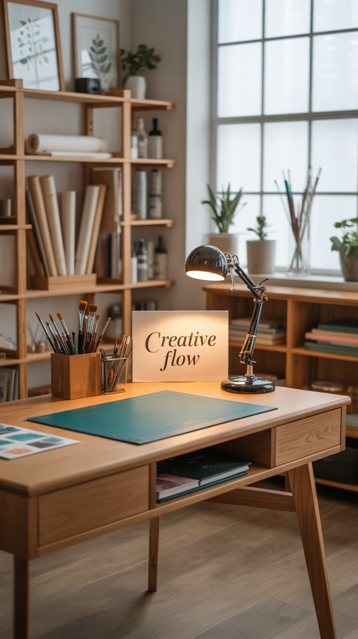 A photograph of a light oak wooden desk meticulously arranged within a bright, airy art studio. Resting on the desk is a turquoise desk mat and an adjustable black lamp casting a soft glow on "Creative Flow" written in elegant script. The background showcases organized wooden shelving units filled with rolled canvases, paintbrushes in a wooden holder, and art reference materials, all softly illuminated by natural light filtering through a large window. Several small potted plants and a botanical illustration on the wall add life and inspiration to the professional yet creative atmosphere.