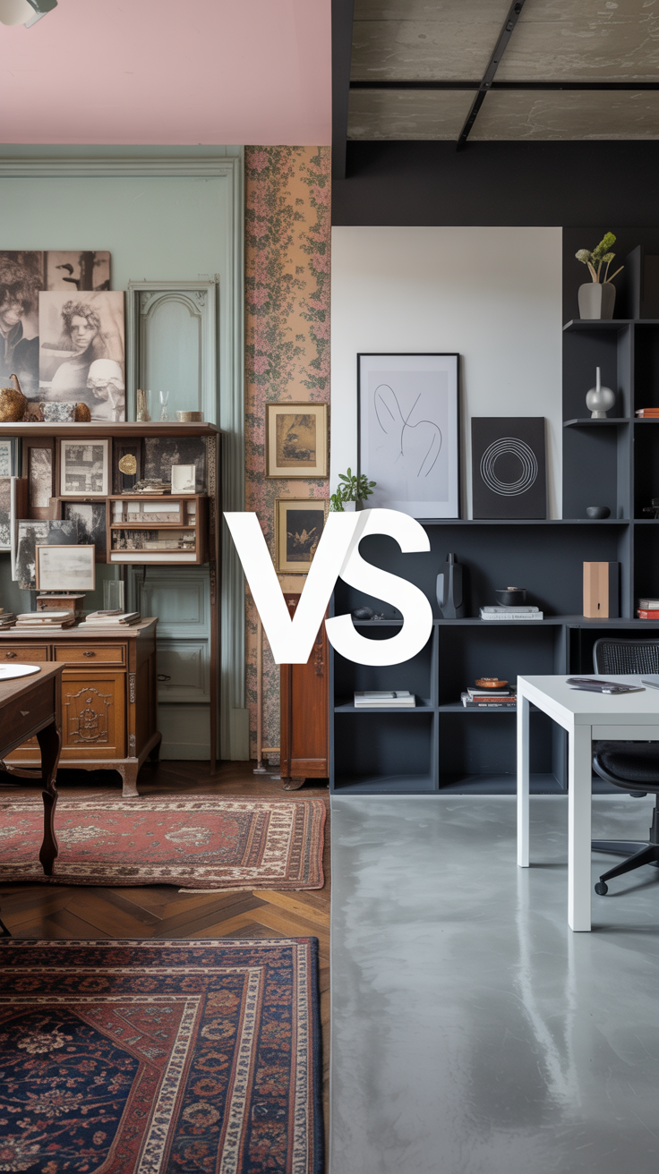 A photograph depicting a sharply divided studio space, showcasing two distinct design aesthetics. On the left, a cozy vintage studio features layered Persian rugs, antique wooden furniture with ornate carvings, and pastel-colored walls adorned with floral wallpaper. A central "VS" divider visually separates it from the right side, a modern studio with polished concrete floors, sleek monochrome shelving displaying minimalist art, and clean geometric furniture. Soft, diffused lighting highlights the textural contrast between the two studios, creating a balanced and harmonious composition.
