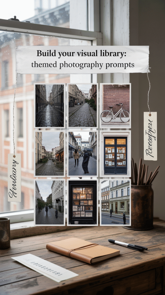 An artistic moodboard-style image featuring 6–9 photographs all following one theme (e.g., “Urban Still Life” or “Vintage Windows”). Can include handwritten labels or notebook edges for a sketchbook vibe.Visual Mood: Curated, eclectic, creativeText Overlay Suggestion: “Build Your Visual Library: Themed Photography Prompts”