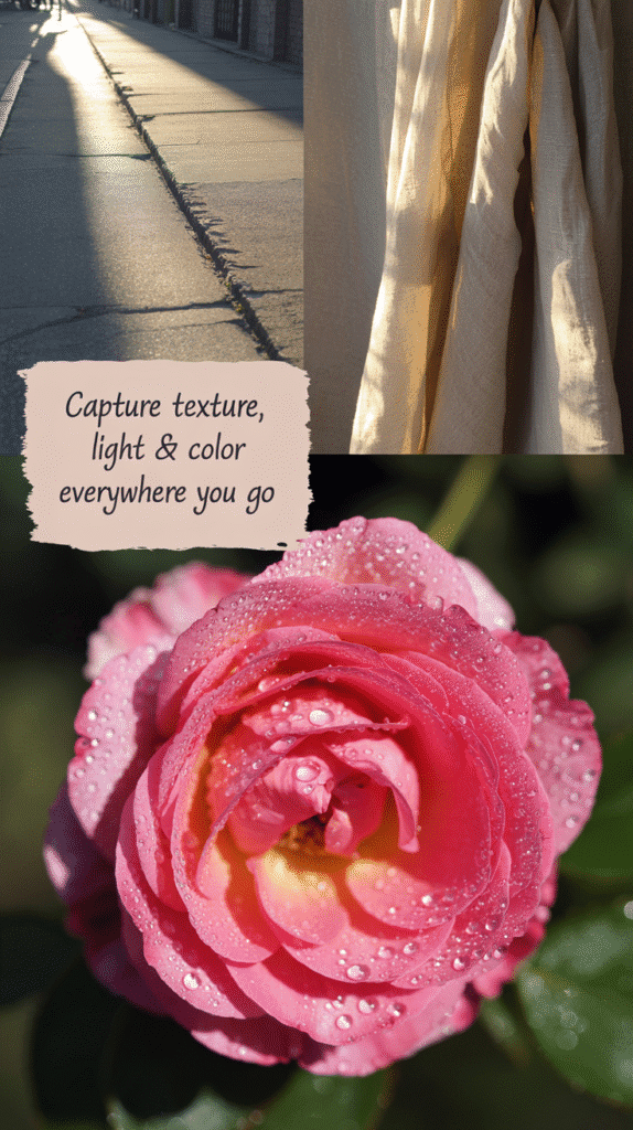 A photograph displaying a collage of three distinct close-up images. The central image showcases a single vibrant pink rose petal covered in glistening dewdrops, reflecting the early morning light. Beside it, a section of weathered sidewalk concrete reveals intricate cracks and textures, while the third image features a portion of draped linen fabric, bathed in golden sunlight that creates elongated shadows. A delicate, handwritten text overlay in the top left corner reads “Capture Texture, Light & Color Everywhere You Go”, subtly blending with the natural aesthetic of the composition. The entire collage is arranged in a clean, minimalist grid format with soft, natural lighting overall.