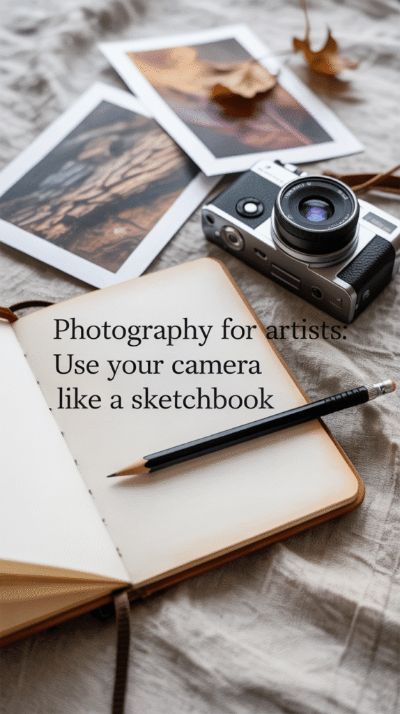 A photograph of a styled flat lay showcasing a well-worn leather-bound sketchbook resting slightly ajar on a textured linen backdrop. A sleek, silver compact camera is positioned alongside the sketchbook, with a scattering of digital prints featuring close-up textures of bark and dried leaves artfully arranged. A classic black mechanical pencil lies across the sketchbook, with the text “Photography for Artists: Use Your Camera Like a Sketchbook” elegantly overlaid in a minimalist sans-serif font. Soft, diffused morning light gently illuminates the scene, creating a cozy and organic atmosphere.