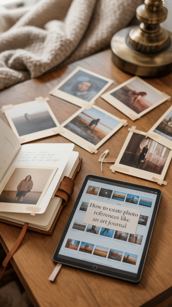 A photograph of a wooden desk scene bathed in warm, natural light. Scattered across the table are square-printed photographs with cream-colored borders, along with a leather-bound journal partially open, revealing taped-in photos and handwritten notes. A digital tablet rests beside the journal, displaying a neatly organized camera roll with thumbnail images of various landscapes and portraits, and the text “How to Curate Photo References Like an Art Journal” is subtly overlaid on the tablet’s screen. The background features soft, neutral-toned textured fabric and a vintage brass lamp, contributing to a tactile and inspiring visual mood.