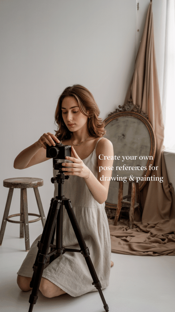 A soft, natural light studio photograph captures a young woman with warm brown hair styled in loose waves, meticulously adjusting a tripod and remote shutter in front of a seamless white backdrop. She wears a simple, flowing linen dress and focuses intently on framing the shot, demonstrating a focused and creative energy. A selection of draped fabrics in muted earth tones, a weathered wooden stool, and a vintage ornate mirror are strategically placed around the backdrop, creating visual depth and subtle interest. Gentle window light illuminates the scene, highlighting the textures of the fabrics and casting soft shadows, while the text “Create Your Own Pose References for Drawing & Painting” is subtly overlaid in a clean, sans-serif font in the bottom right corner.