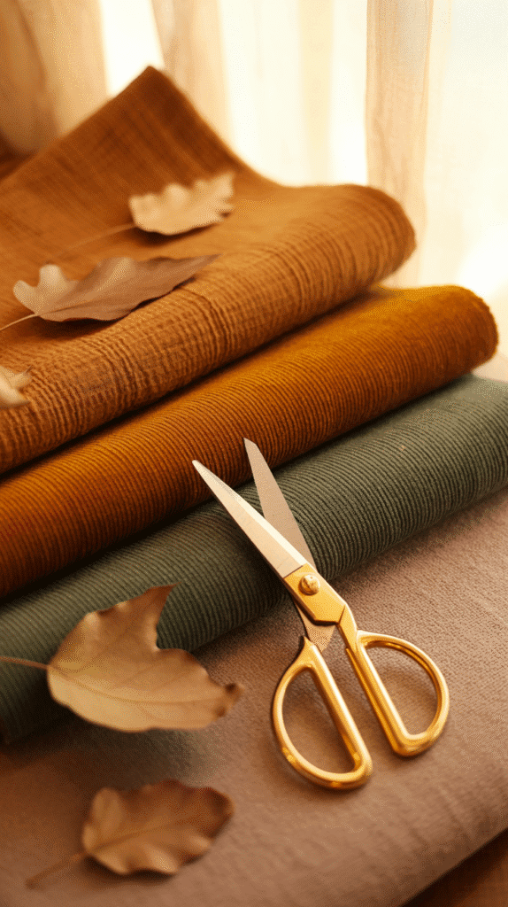 A photograph of a warm-toned flat lay arrangement showcasing fabric swatches.  The assortment includes textured rust-colored linen, deep amber velvet, muted forest green corduroy, and soft taupe wool, carefully arranged in a slightly overlapping pattern. Scattered amongst the fabrics are several dried oak leaves and a pair of gold metallic scissors with ergonomic handles, positioned as if ready to cut.  Soft, diffused natural light streams in from the side, casting gentle shadows and highlighting the rich textures, creating a cozy and inviting mood.