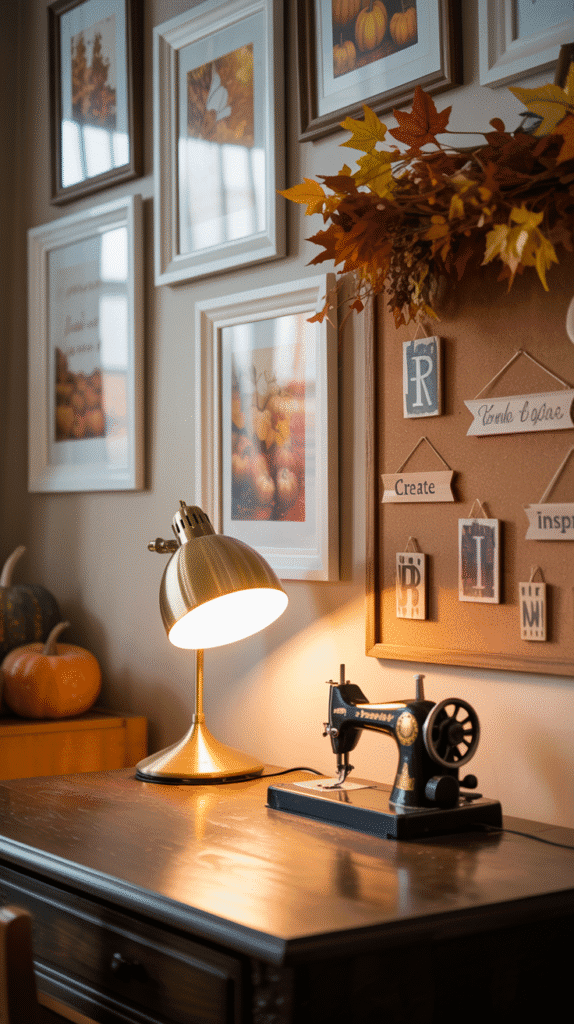 A photograph of a cozy craft room wall, bathed in the warm glow of a golden brass desk lamp. The wall is adorned with a collection of framed autumn-themed prints depicting falling leaves and pumpkins, and a corkboard overflowing with dried leaves and small wooden signs that read "CREATE" and "INSPIRE." Below the prints, a small vintage sewing machine sits on a dark wooden table. Soft, diffused light illuminates the scene, creating a peaceful and inviting atmosphere.