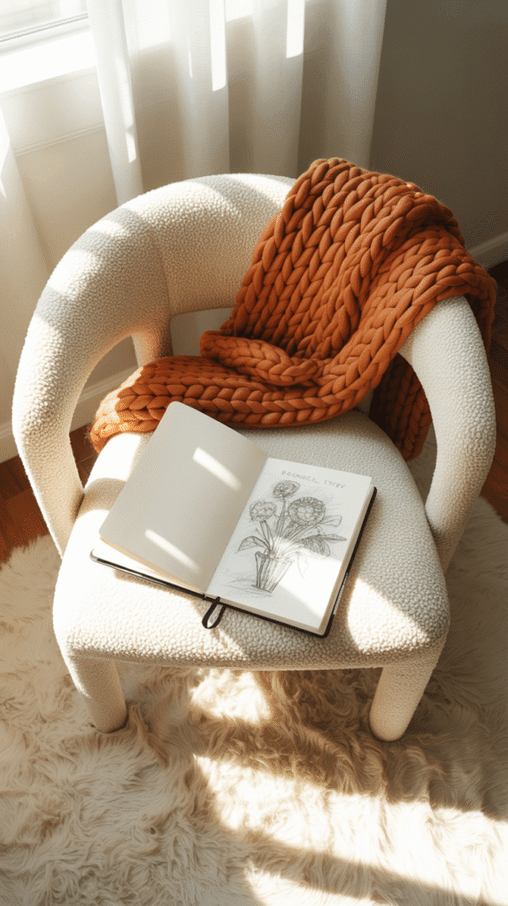 A photograph of a pristine white boucle desk chair positioned in a sun-drenched corner. A chunky knit throw in burnt orange is casually draped over the chair's back and armrests, softening its edges. Resting on the chair seat is an open sketchbook displaying a charcoal sketch of "Botanical Study", and a plush, cream-colored rug lies beneath, anchoring the scene. Soft, diffused sunlight streams in from a nearby window, casting warm highlights on the chair and creating a cozy, inviting atmosphere.