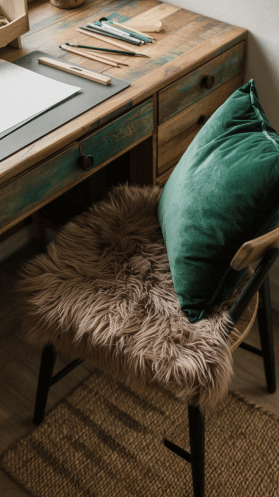 A photograph of a cozy craft desk bathed in soft, ambient light. The desk itself is crafted from reclaimed wood, featuring a minimalist design with a few scattered art supplies like pencils and paintbrushes.  A plush velvet cushion in deep emerald green rests on the desk chair, complemented by a textured jute rug and a luxurious faux fur pillow in taupe casually draped across the corner of the desk. The overall scene exudes a sense of calm and inviting creativity, with gentle shadows highlighting the tactile textures of the materials.
