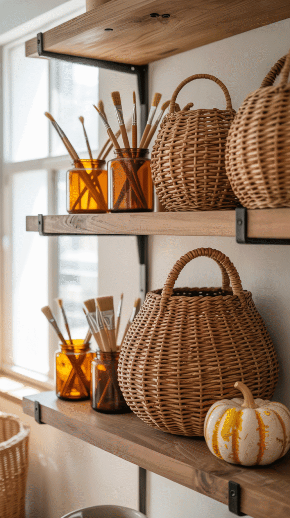 A photograph of rustic floating wooden shelves displaying a curated collection of home goods. Several woven seagrass baskets of varying sizes are artfully arranged alongside amber glass jars filled with paintbrushes, each with natural bristle tips. A small, hand-painted ceramic pumpkin with a charmingly imperfect glaze rests near the edge of the shelves, adding a touch of seasonal warmth. Soft, diffused sunlight streams in from a nearby window, creating a warm, inviting atmosphere.