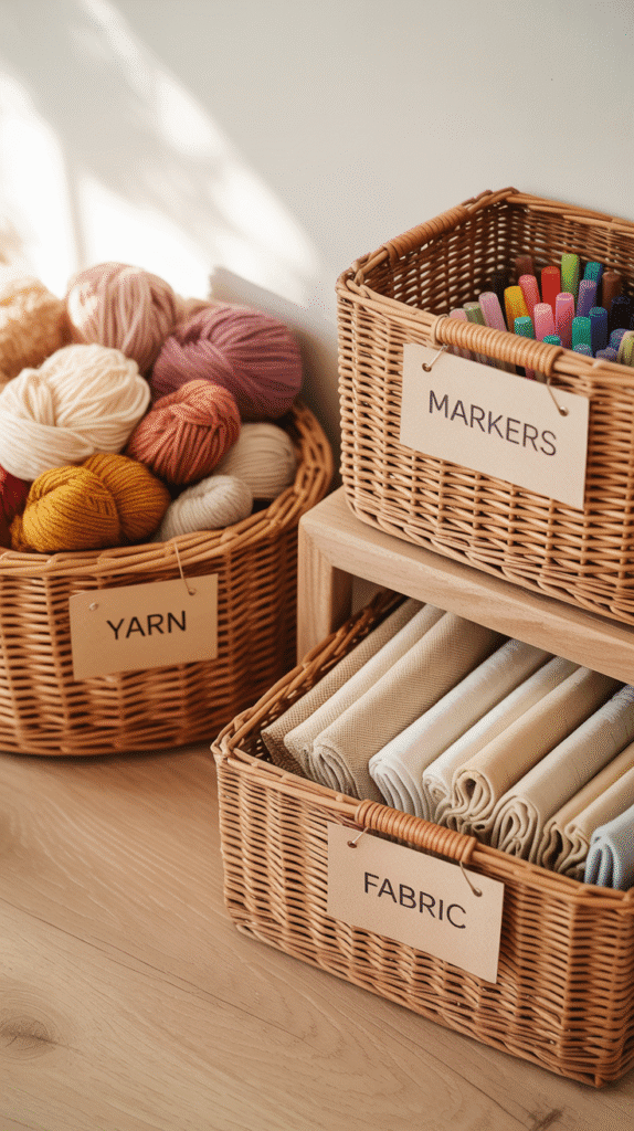 A photograph of a flat lay featuring three woven rattan baskets arranged neatly on a light wooden surface. The baskets are filled with crafting supplies: one holds a vibrant assortment of yarn in shades of cream, terracotta, and dusty rose; another contains colorful markers and a third contains neatly folded fabric in linen textures. Each basket has a simple tag attached, reading "Yarn" "Markers" and "Fabric" in a clean sans-serif font, adding a touch of organizational charm. Soft, natural light illuminates the scene, creating gentle shadows and a warm, inviting atmosphere.