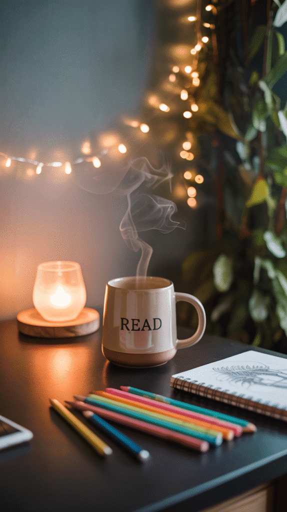 A photograph of a cozy desk ambiance bathed in soft, warm light. A ceramic mug labeled "READ" steams gently next to a sleek, dark wooden desk, alongside an array of colorful pencils and a sketchbook. A candle warmer emits a gentle, flickering glow, casting dancing shadows on the wall where delicate fairy lights are artfully strung. The background fades into a blurred wall of calming green foliage, creating a peaceful and inviting atmosphere.