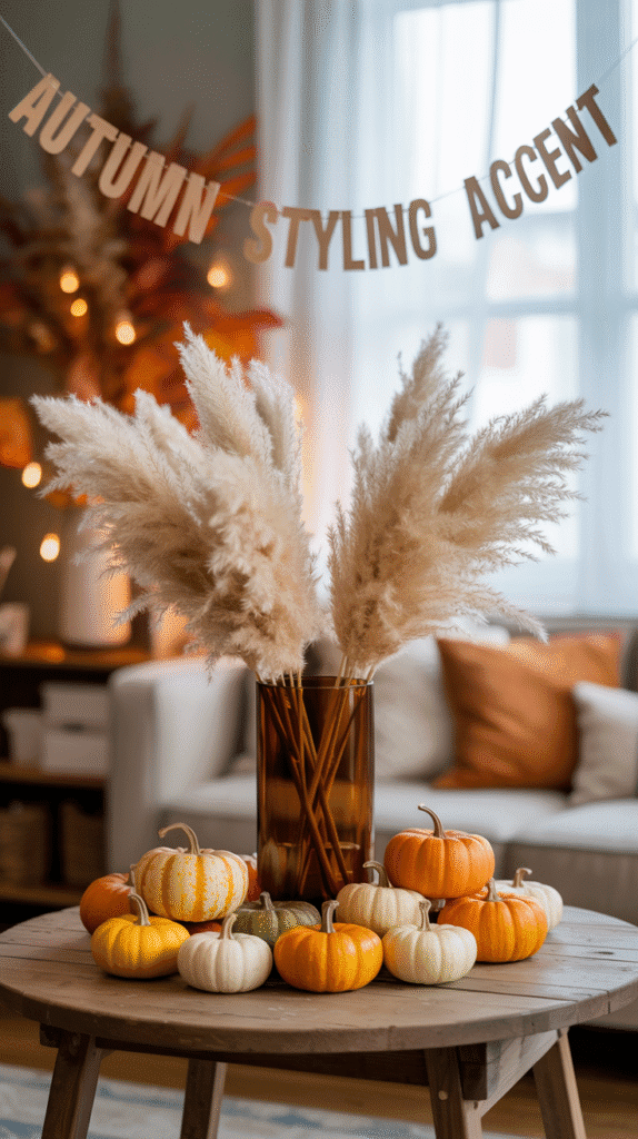A photograph of a rustic wooden craft table styled for autumn, displaying a centerpiece arrangement. A tall vase holds fluffy, cream-colored pampas grass, while a scattering of miniature pumpkins in varying shades of orange and beige are arranged artfully around the base. Above the table, a delicate string of fall garland featuring "AUTUMN STYLING ACCENT" hangs, gently illuminated by soft, natural light filtering through a nearby window. The background is a blurred view of a cozy living room with warm wood tones and inviting textures, creating a sense of autumnal comfort.
